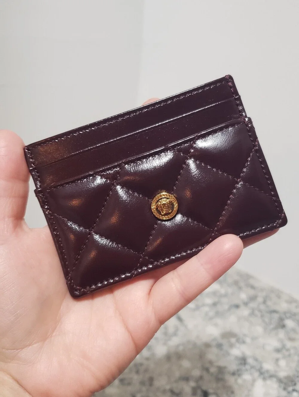 Versace Burgundy Quilted Leather Gold Medusa Card Case Holder NIB
